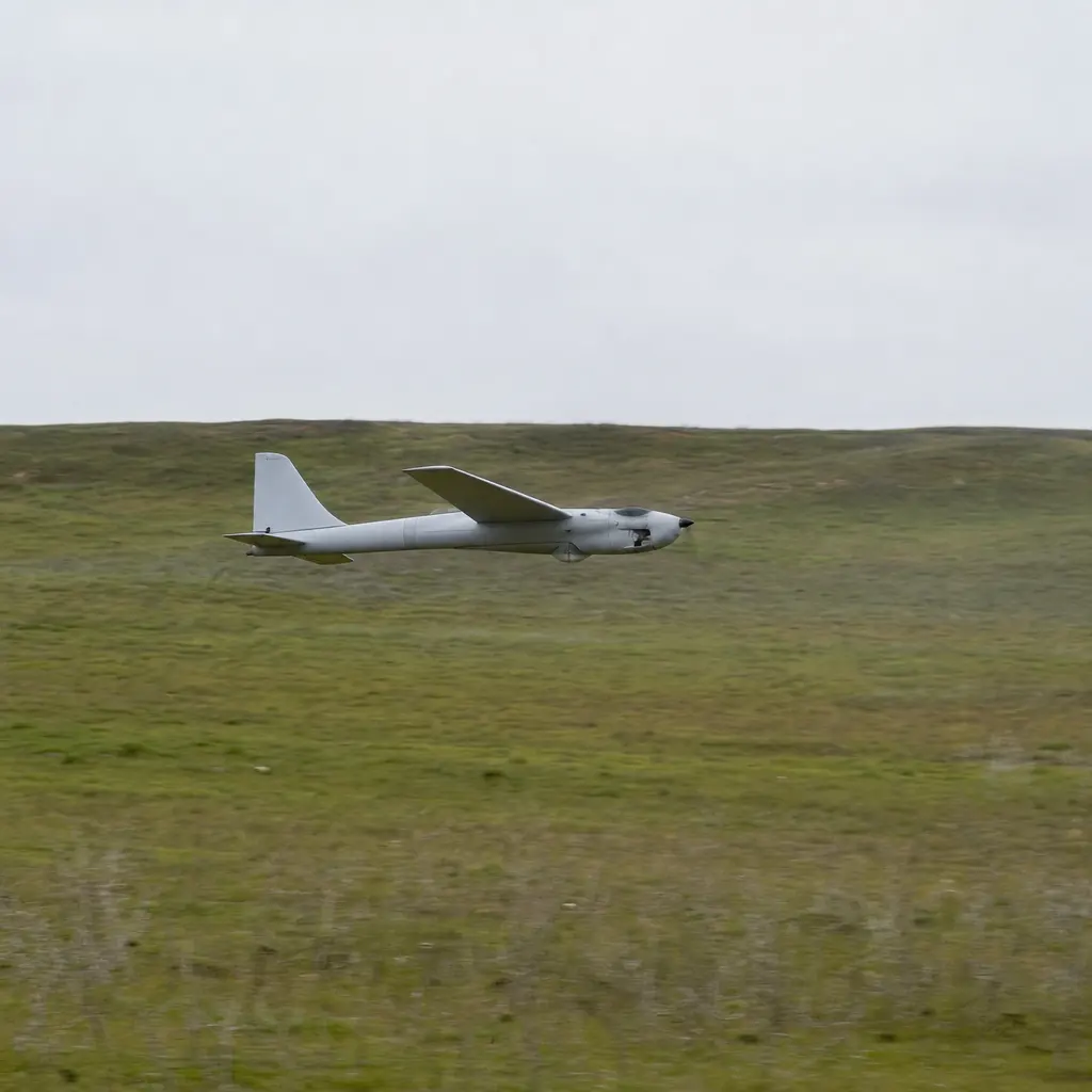 A small uncrewed aircraft flying low over open ground under flat overcast light