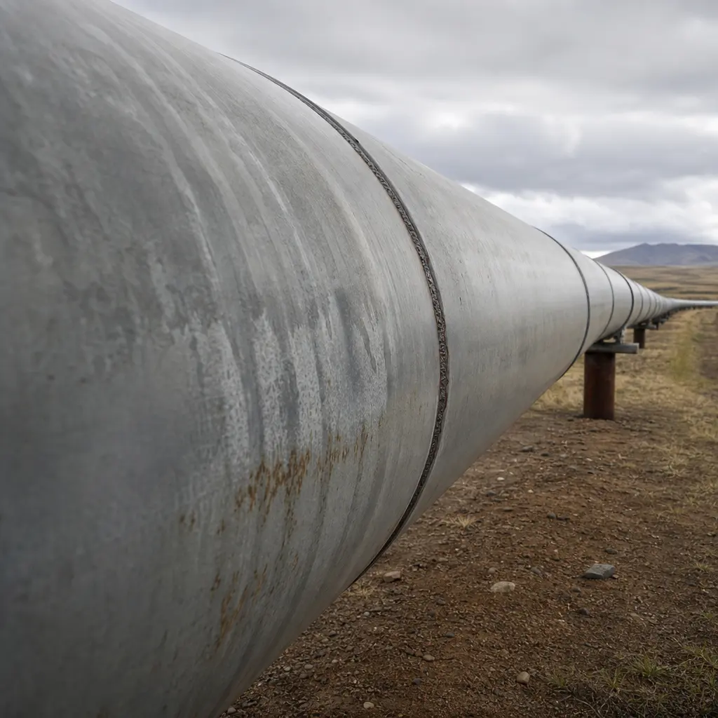 A section of large-diameter steel pipeline running across open terrain, weld seams visible on weathered metal
