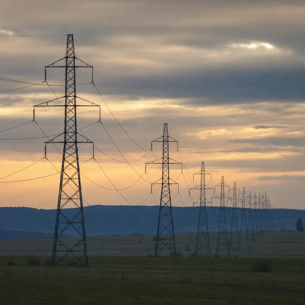 High-voltage transmission towers marching across open country at dusk, compressed by a long lens