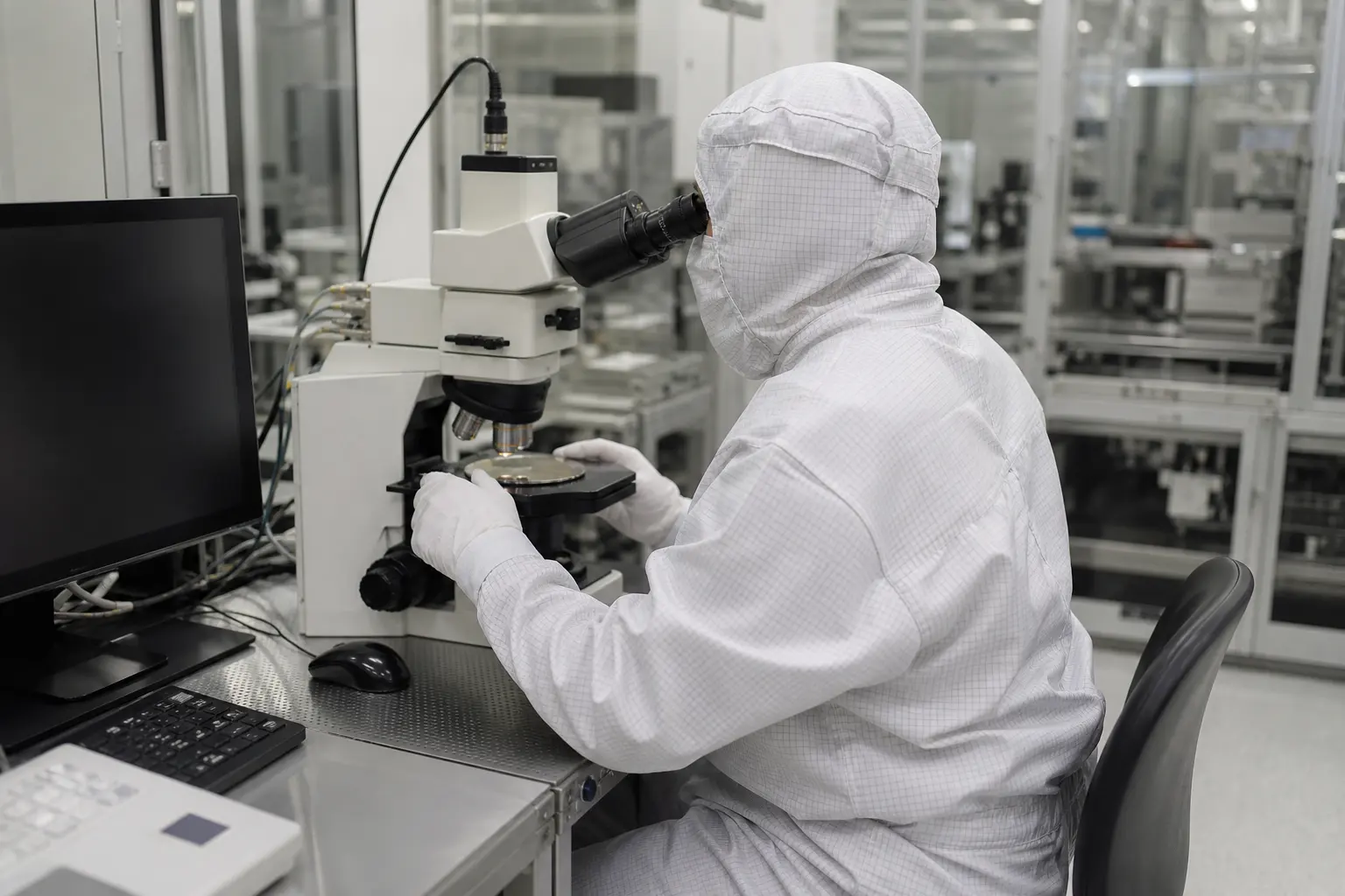 A researcher in cleanroom coverall and gloves working at a microscope station in a semiconductor cleanroom